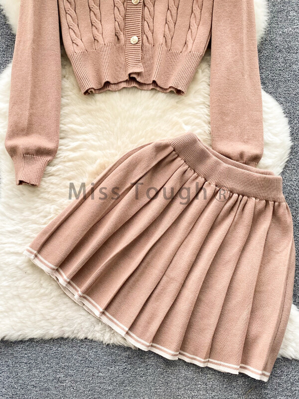 Set de două piese tricotat retro în stil francez colegiu, pulover cu rever + fustă cu talie înaltă, costum slim, destul de solid, toamnă nou