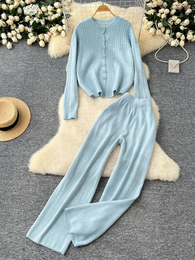 Sügistalvised vabaaja kašmiirülikonnad naiste pikkade varrukatega nööbid Kardigan+kõrge vöökoht laiad sääred Kootud püksid avara kampsun 2 tk komplektid