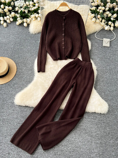 Sügistalvised vabaaja kašmiirülikonnad naiste pikkade varrukatega nööbid Kardigan+kõrge vöökoht laiad sääred Kootud püksid avara kampsun 2 tk komplektid