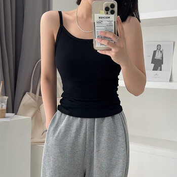 #0436 Stretch Cotton Skinny Camis Top Γυναικείο Μονόχρωμο Skinny Crop Top Femme Μονόχρωμο Αμάνικο κοντό κουρεμένο καλοκαίρι