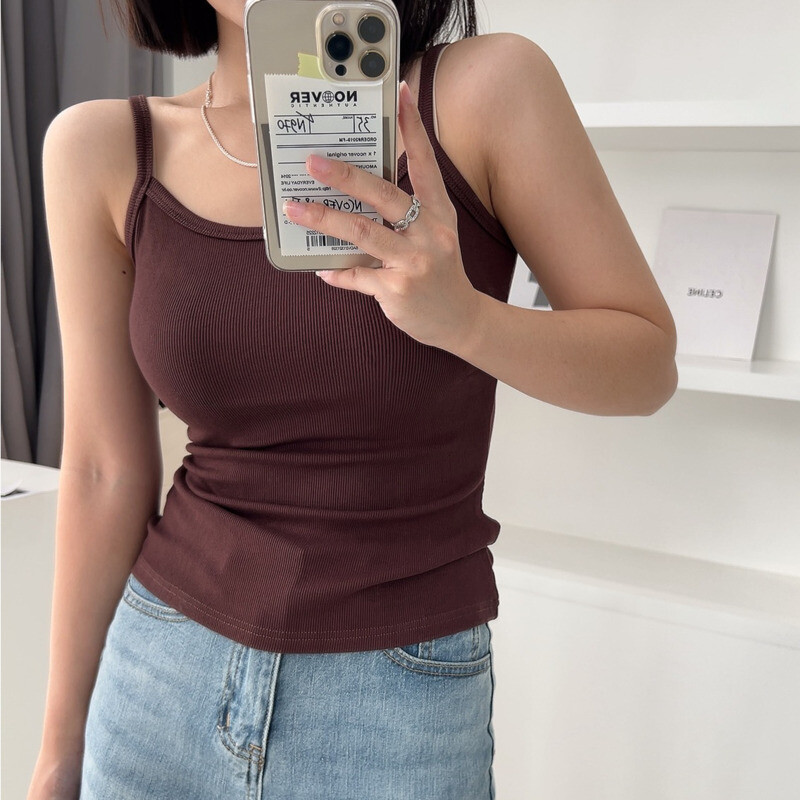 #0436 Stretch Cotton Skinny Camis Top Sieviešu vienkrāsains Skinny Crop Top Sieviešu vienkrāsains Tops Bezpiedurknēm Short Croped Summer