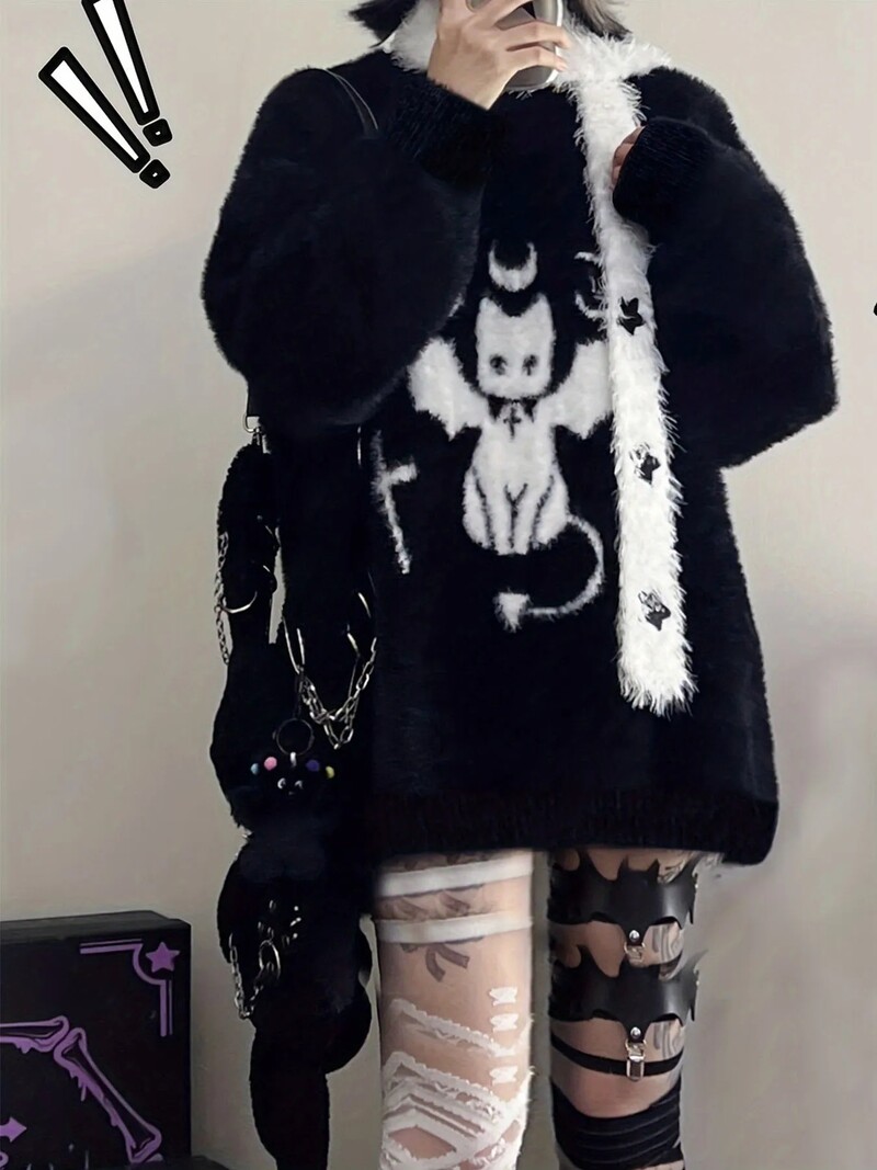 Ženski Y2K vrag jacquard pulover pleteni pulover za zimu gotički stil krzneni pulover džemperi za žene