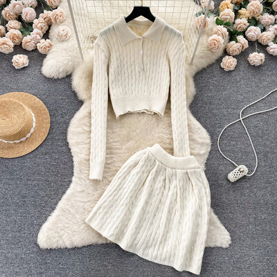 Set de două piese tricotat dulce în stil francez de colegiu Top tricot scurt pentru femei + fustă cu talie înaltă New Retro Chic Streetwear Costume solide