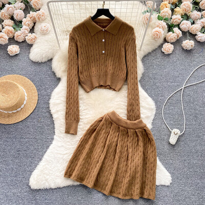 Set de două piese tricotat dulce în stil francez de colegiu Top tricot scurt pentru femei + fustă cu talie înaltă New Retro Chic Streetwear Costume solide
