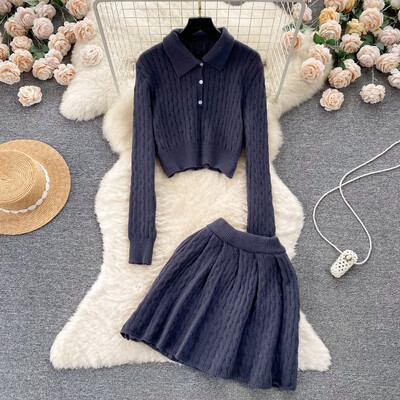 Set de două piese tricotat dulce în stil francez de colegiu Top tricot scurt pentru femei + fustă cu talie înaltă New Retro Chic Streetwear Costume solide