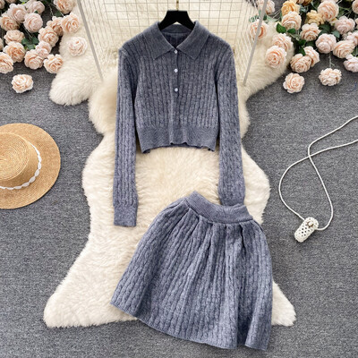 Set de două piese tricotat dulce în stil francez de colegiu Top tricot scurt pentru femei + fustă cu talie înaltă New Retro Chic Streetwear Costume solide
