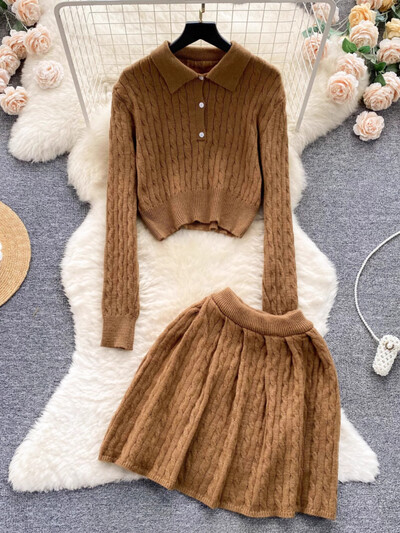 Set de două piese tricotat dulce în stil francez de colegiu Top tricot scurt pentru femei + fustă cu talie înaltă New Retro Chic Streetwear Costume solide