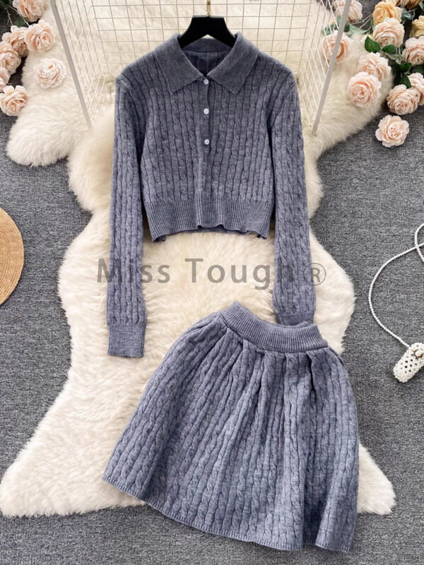 Set de două piese tricotat dulce în stil francez de colegiu Top tricot scurt pentru femei + fustă cu talie înaltă New Retro Chic Streetwear Costume solide