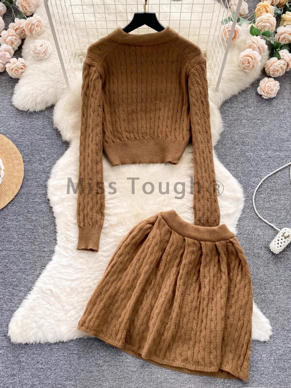 Set de două piese tricotat dulce în stil francez de colegiu Top tricot scurt pentru femei + fustă cu talie înaltă New Retro Chic Streetwear Costume solide