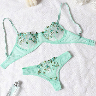 Broderie transparentă New Heilan Dantela Lenjerie sexy Lenjerie de corp pentru femei Set de slip de zână Set de sutien delicat Push Up Seturi de brevi erotice