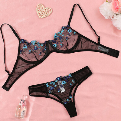 Broderie transparentă New Heilan Dantela Lenjerie sexy Lenjerie de corp pentru femei Set de slip de zână Set de sutien delicat Push Up Seturi de brevi erotice