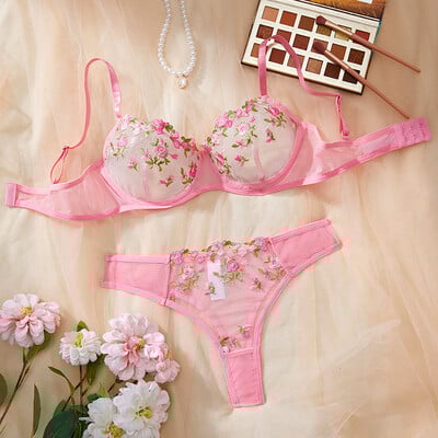 Broderie transparentă New Heilan Dantela Lenjerie sexy Lenjerie de corp pentru femei Set de slip de zână Set de sutien delicat Push Up Seturi de brevi erotice