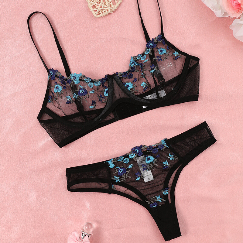 Broderie transparentă New Heilan Dantela Lenjerie sexy Lenjerie de corp pentru femei Set de slip de zână Set de sutien delicat Push Up Seturi de brevi erotice
