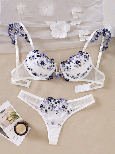 Lenjerie Sexy Set Broderie florală Lenjerie Push Up Seturi de sutien transparent 2 buc Lenjerie de corp de damă Lenjerie intimă delicată