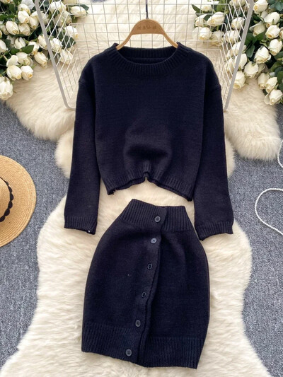 Toamnă ocazional costum de pulover cald pentru femei mâneci lungi pulover largi + nasturi design fustă scurtă office doamnă tricotat set 2 piese