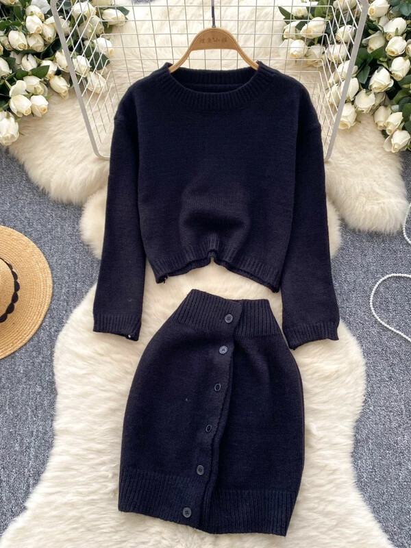 Toamnă ocazional costum de pulover cald pentru femei mâneci lungi pulover largi + nasturi design fustă scurtă office doamnă tricotat set 2 piese