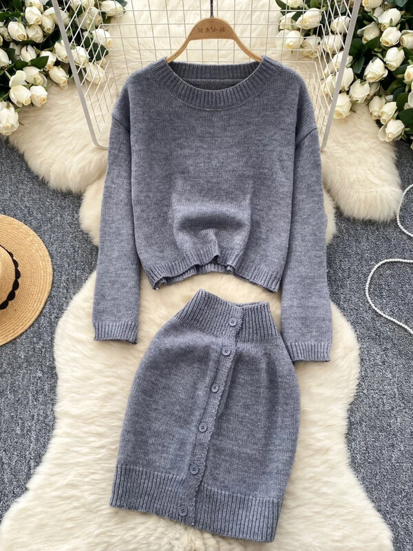 Toamnă ocazional costum de pulover cald pentru femei mâneci lungi pulover largi + nasturi design fustă scurtă office doamnă tricotat set 2 piese