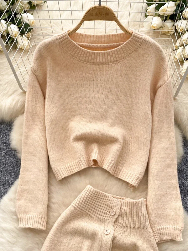 Toamnă ocazional costum de pulover cald pentru femei mâneci lungi pulover largi + nasturi design fustă scurtă office doamnă tricotat set 2 piese