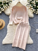 Rudens elegants korejiešu stila trikotāžas 2 daļīgs komplekts sievietēm ar ziemas bruņurupuču brīviem topi+elastīgi vidukļa svārki Pamata džemperis ikdienas uzvalki