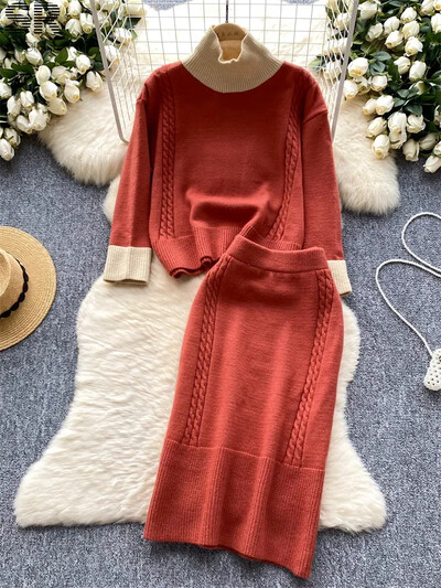 Rudens elegants korejiešu stila trikotāžas 2 daļīgs komplekts sievietēm ar ziemas bruņurupuču brīviem topi+elastīgi vidukļa svārki Pamata džemperis ikdienas uzvalki