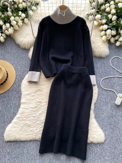 Rudens elegants korejiešu stila trikotāžas 2 daļīgs komplekts sievietēm ar ziemas bruņurupuču brīviem topi+elastīgi vidukļa svārki Pamata džemperis ikdienas uzvalki