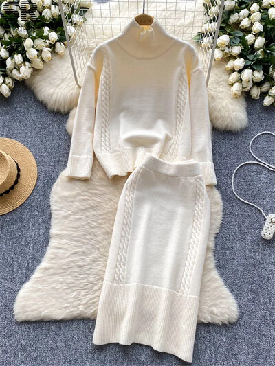 Rudens elegants korejiešu stila trikotāžas 2 daļīgs komplekts sievietēm ar ziemas bruņurupuču brīviem topi+elastīgi vidukļa svārki Pamata džemperis ikdienas uzvalki