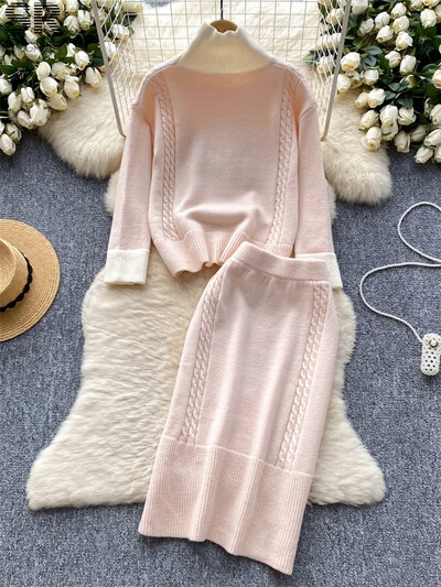 Rudens elegants korejiešu stila trikotāžas 2 daļīgs komplekts sievietēm ar ziemas bruņurupuču brīviem topi+elastīgi vidukļa svārki Pamata džemperis ikdienas uzvalki