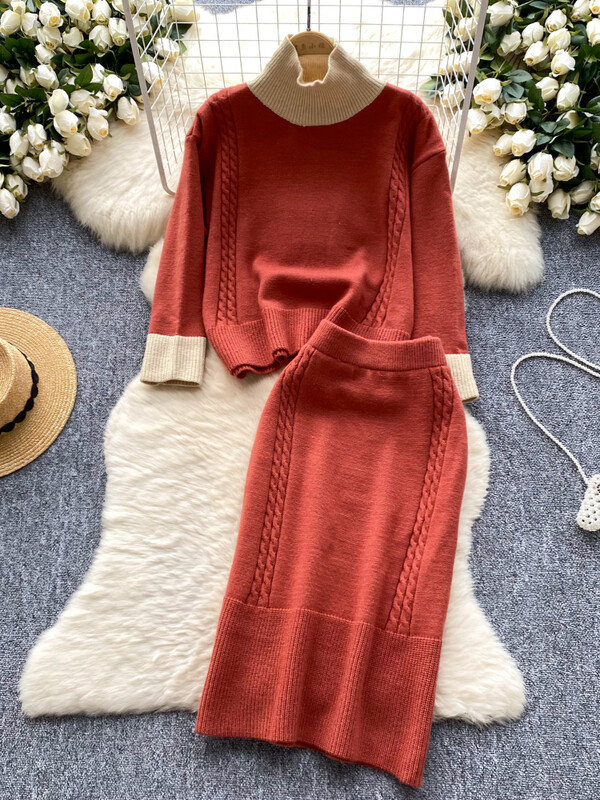 Rudens elegants korejiešu stila trikotāžas 2 daļīgs komplekts sievietēm ar ziemas bruņurupuču brīviem topi+elastīgi vidukļa svārki Pamata džemperis ikdienas uzvalki