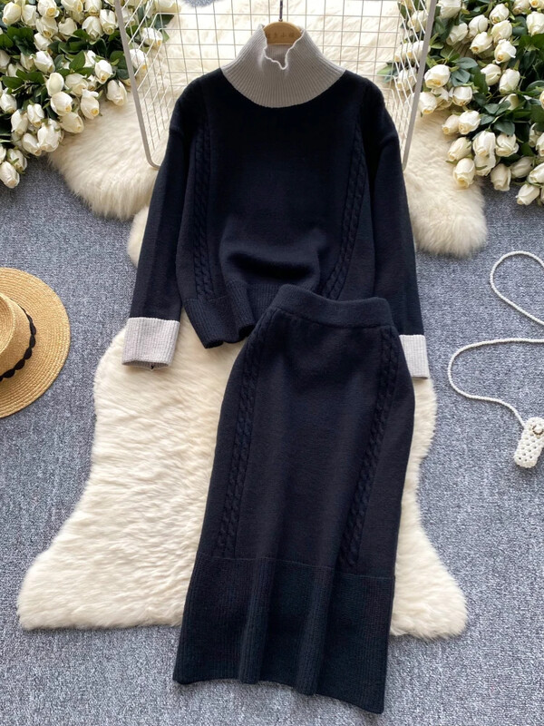 Rudens elegants korejiešu stila trikotāžas 2 daļīgs komplekts sievietēm ar ziemas bruņurupuču brīviem topi+elastīgi vidukļa svārki Pamata džemperis ikdienas uzvalki