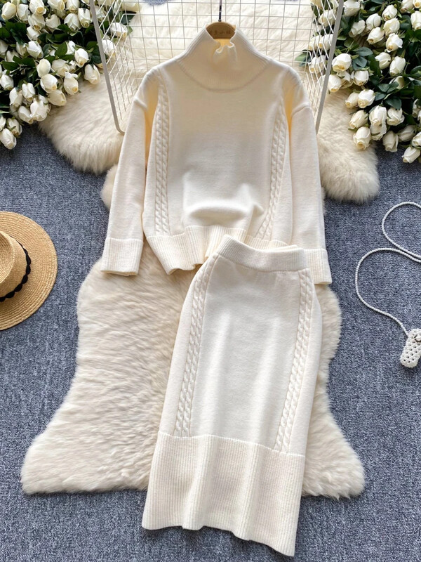 Rudens elegants korejiešu stila trikotāžas 2 daļīgs komplekts sievietēm ar ziemas bruņurupuču brīviem topi+elastīgi vidukļa svārki Pamata džemperis ikdienas uzvalki