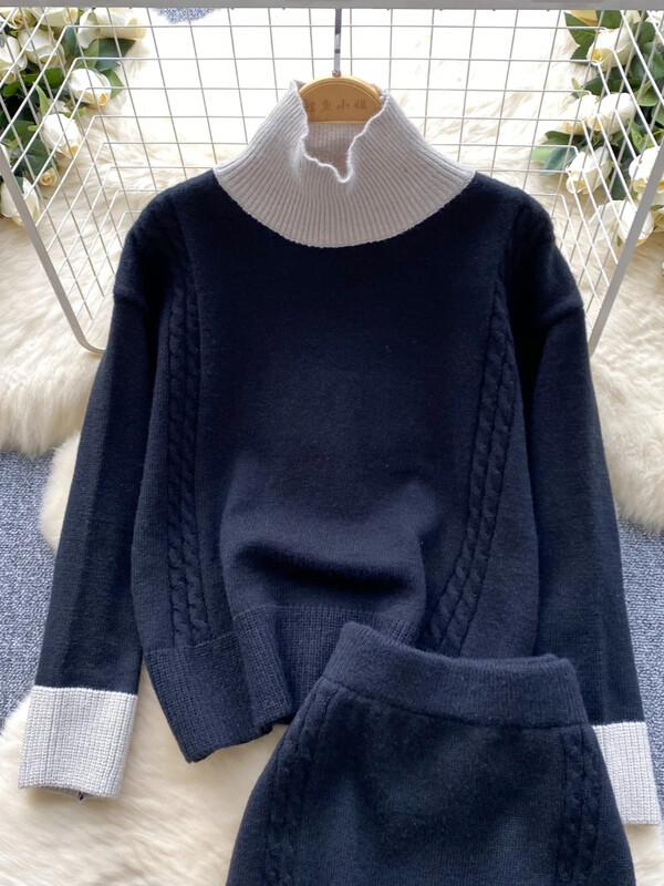 Rudens elegants korejiešu stila trikotāžas 2 daļīgs komplekts sievietēm ar ziemas bruņurupuču brīviem topi+elastīgi vidukļa svārki Pamata džemperis ikdienas uzvalki