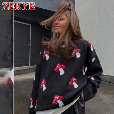 Zekye Mushroom Graphic Armsad Must Kampsunid Naiste Talvised lahtised pikkade varrukatega kudumid vabaaja Basic Outwear Sügis Pullover Elegant