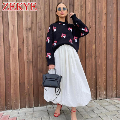 Zekye Mushroom Graphic Armsad Must Kampsunid Naiste Talvised lahtised pikkade varrukatega kudumid vabaaja Basic Outwear Sügis Pullover Elegant