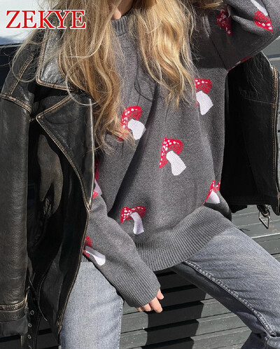 Zekye Mushroom Graphic Armsad Must Kampsunid Naiste Talvised lahtised pikkade varrukatega kudumid vabaaja Basic Outwear Sügis Pullover Elegant