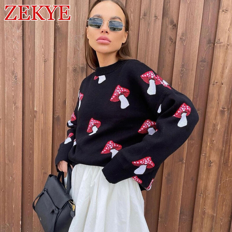 Zekye Mushroom Graphic Armsad Must Kampsunid Naiste Talvised lahtised pikkade varrukatega kudumid vabaaja Basic Outwear Sügis Pullover Elegant