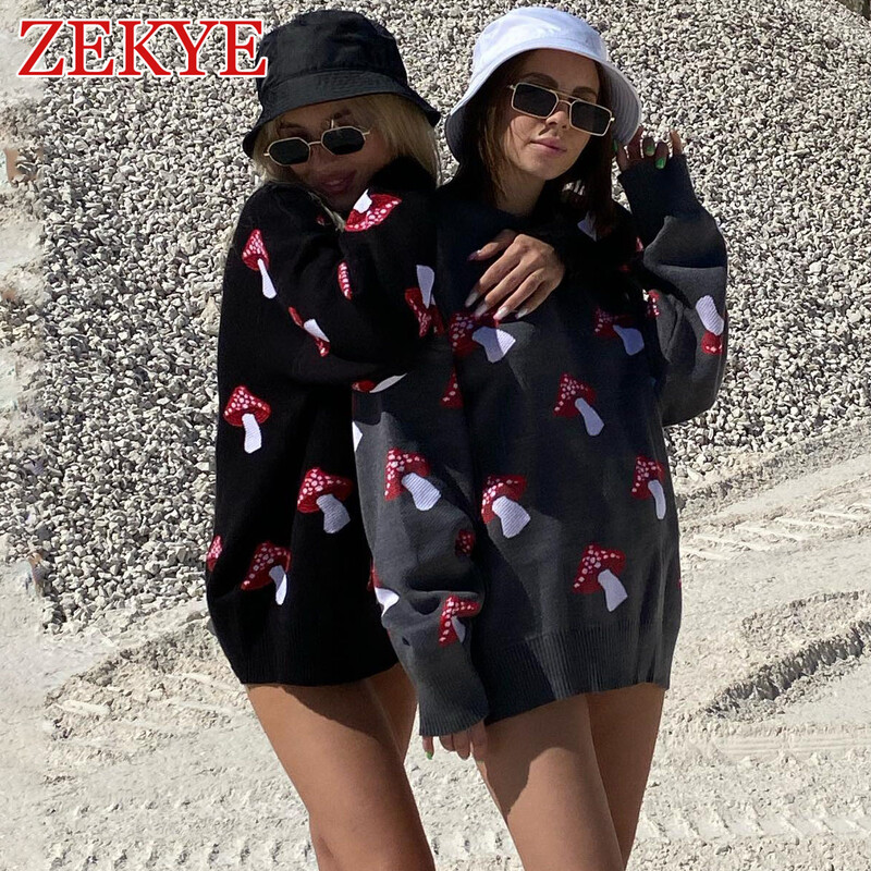 Zekye Mushroom Graphic Armsad Must Kampsunid Naiste Talvised lahtised pikkade varrukatega kudumid vabaaja Basic Outwear Sügis Pullover Elegant
