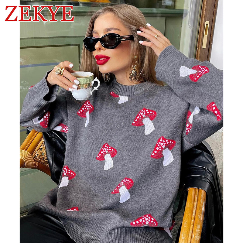 Zekye Mushroom Graphic Armsad Must Kampsunid Naiste Talvised lahtised pikkade varrukatega kudumid vabaaja Basic Outwear Sügis Pullover Elegant