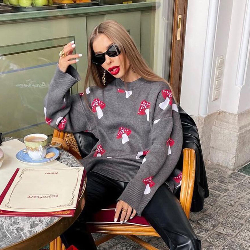 Zekye Mushroom Graphic Armsad Must Kampsunid Naiste Talvised lahtised pikkade varrukatega kudumid vabaaja Basic Outwear Sügis Pullover Elegant