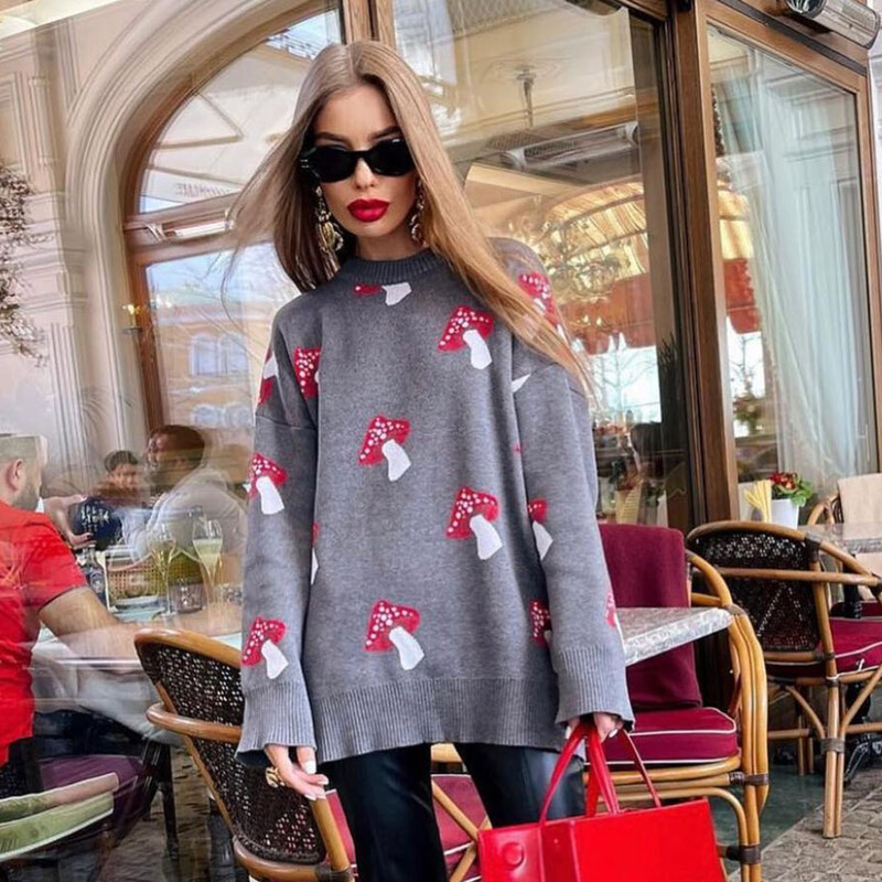 Zekye Mushroom Graphic Armsad Must Kampsunid Naiste Talvised lahtised pikkade varrukatega kudumid vabaaja Basic Outwear Sügis Pullover Elegant