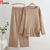 Seturi de 2 piese tricotate cu design coreean pentru femei, mâneci lungi, cu gâtul O, tricotaje, pulover, pulover, ansamblu, pantaloni de trening cu talie înaltă, trening