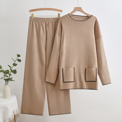 Seturi de 2 piese tricotate cu design coreean pentru femei, mâneci lungi, cu gâtul O, tricotaje, pulover, pulover, ansamblu, pantaloni de trening cu talie înaltă, trening