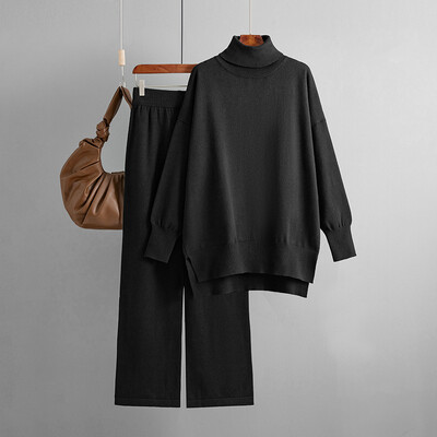 Rudens ziemas bruņurupuču džemperu komplekti garas bikses sievietēm brīvas 2 gabalu trikotāžas bikšu komplekti sieviešu puloveri un platas bikses