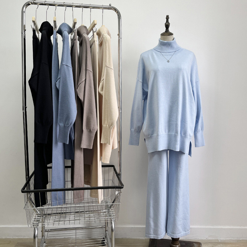 Rudens ziemas bruņurupuču džemperu komplekti garas bikses sievietēm brīvas 2 gabalu trikotāžas bikšu komplekti sieviešu puloveri un platas bikses