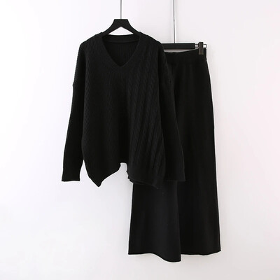 Naiste V-kaelusega Irregularity Pullover Sviiter+kõrge vöökoht lahtised laiad püksid, kootud 2-osalised komplektid Sügistalvine moekomplekt A49