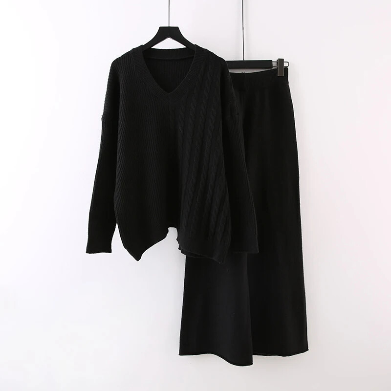 Naiste V-kaelusega Irregularity Pullover Sviiter+kõrge vöökoht lahtised laiad püksid, kootud 2-osalised komplektid Sügistalvine moekomplekt A49