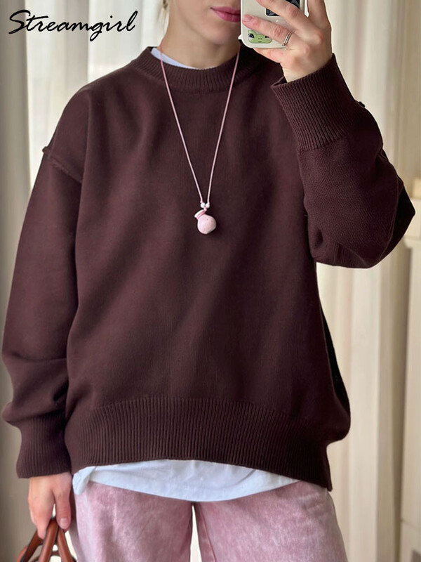 Pulovere supradimensionate albastre pentru femei Pulover gros bej de iarnă pentru femeie toamnă la modă slăbită cu gâtul în formă de pulovere pentru dama pulovere pentru femei