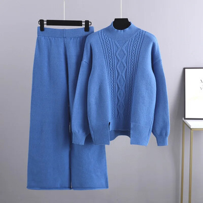 Treninguri de iarnă din cașmir pentru femei, groase, supradimensionate, pulover cu gât țesut, 2 bucăți, seturi de pantaloni harem cu cordon, ținută Z271