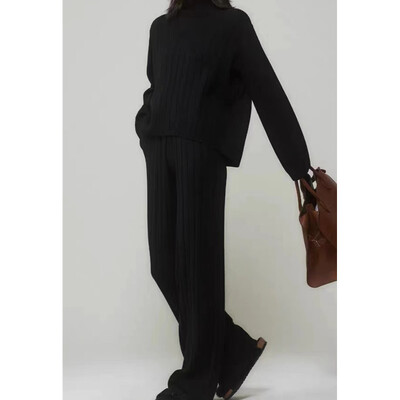 REALEFT Toamna Iarna 2 piese Seturi albe pentru dama Trening tricotat Pulover cu gât și pantaloni drepti pentru jogging 2023 Nou