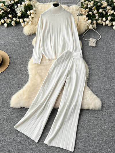 SINGREINY, toamnă iarnă, costume calde pentru dama, pulover cu dungi cu gât rotit + talie înaltă, ocazional, pantaloni largi, seturi de tricotat