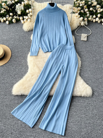 SINGREINY, toamnă iarnă, costume calde pentru dama, pulover cu dungi cu gât rotit + talie înaltă, ocazional, pantaloni largi, seturi de tricotat